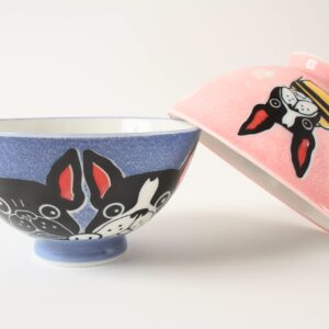 Mino ware Japanese Pottery Pair Rice Bowl French Bulldog Blue & Pink made in Japan (Japan Import) MIG007