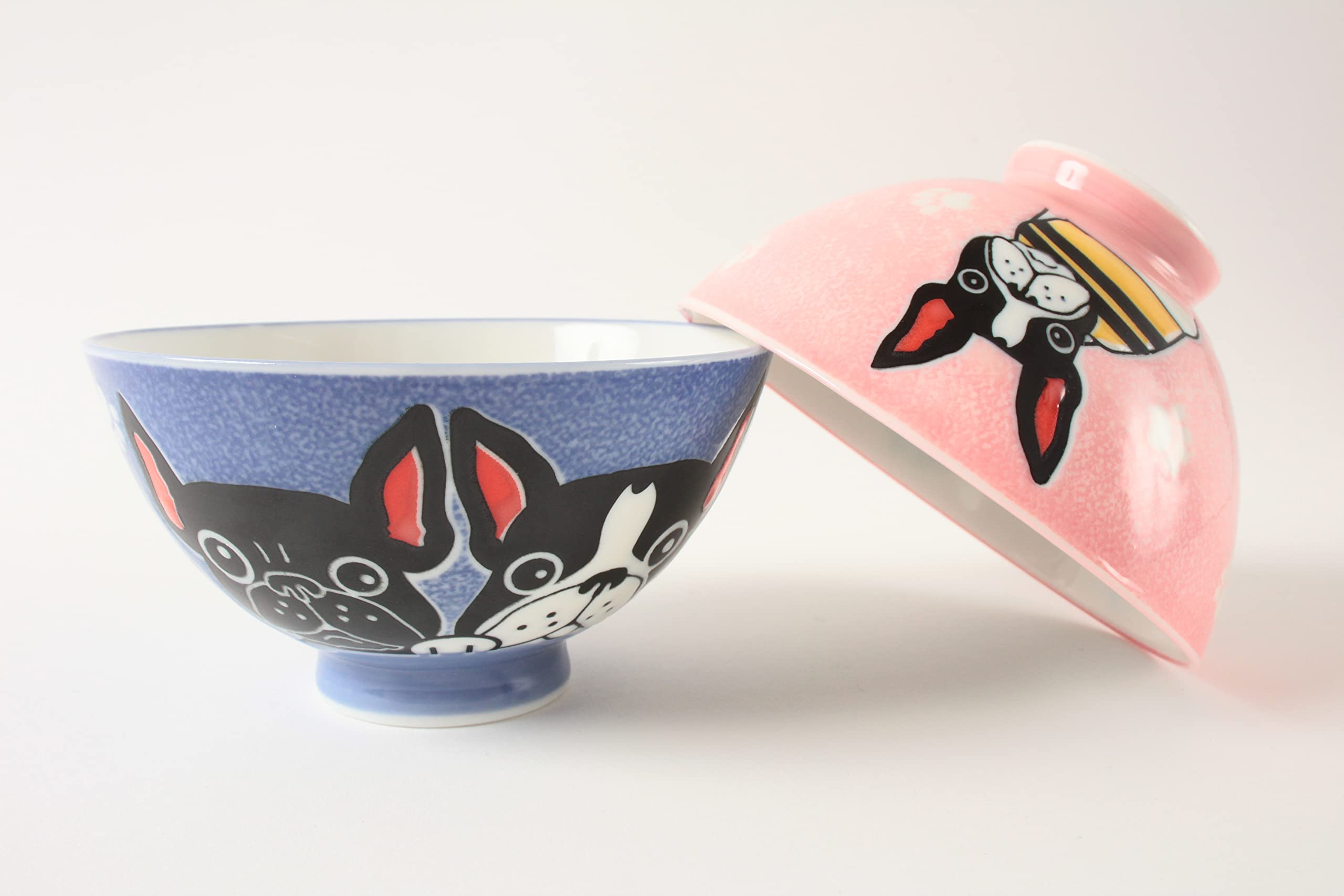 Mino ware Japanese Pottery Pair Rice Bowl French Bulldog Blue & Pink made in Japan (Japan Import) MIG007