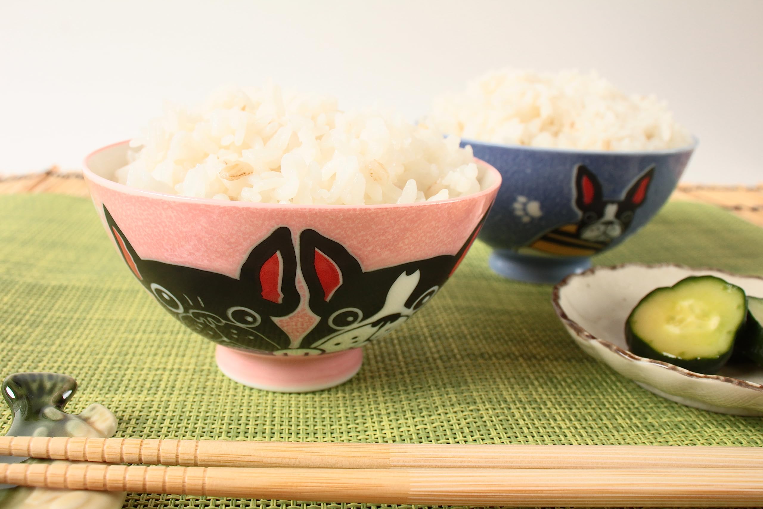 Mino ware Japanese Pottery Pair Rice Bowl French Bulldog Blue & Pink made in Japan (Japan Import) MIG007