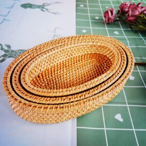 amololo 3 pack oval woven basket trays, 11 inch rattan storage tray with 2 inch raised sides, catch all dish, decorative wicker serving baskets organizer tray for bread, fruit, food, brown s, m, l