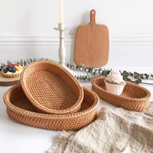 amololo 3 Pack Oval Woven Basket Trays, 11 Inch Rattan Storage Tray with 2 Inch Raised Sides, Catch All Dish, Decorative Wicker Serving Baskets Organizer Tray for Bread, Fruit, Food, Brown S, M, L