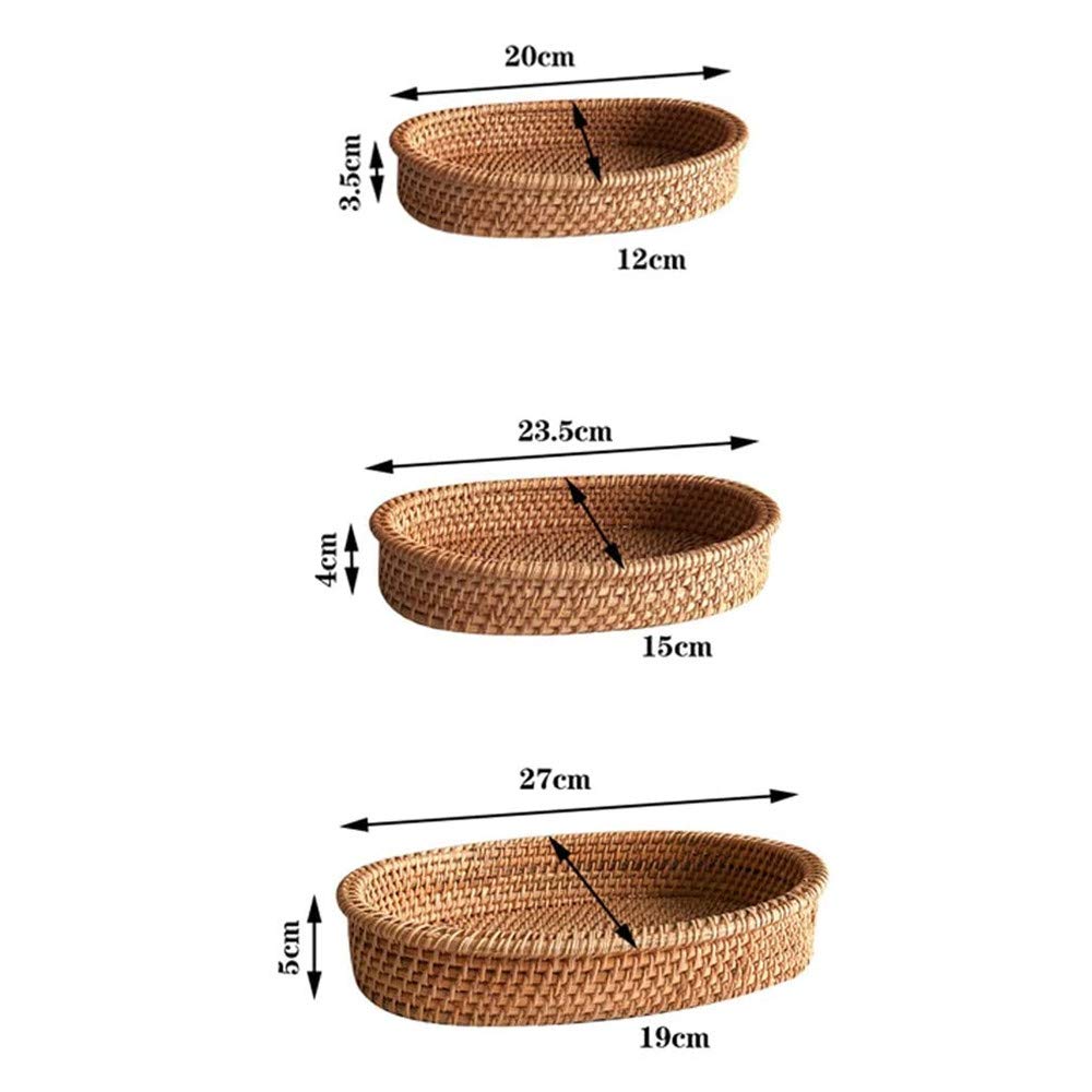 amololo 3 Pack Oval Woven Basket Trays, 11 Inch Rattan Storage Tray with 2 Inch Raised Sides, Catch All Dish, Decorative Wicker Serving Baskets Organizer Tray for Bread, Fruit, Food, Brown S, M, L