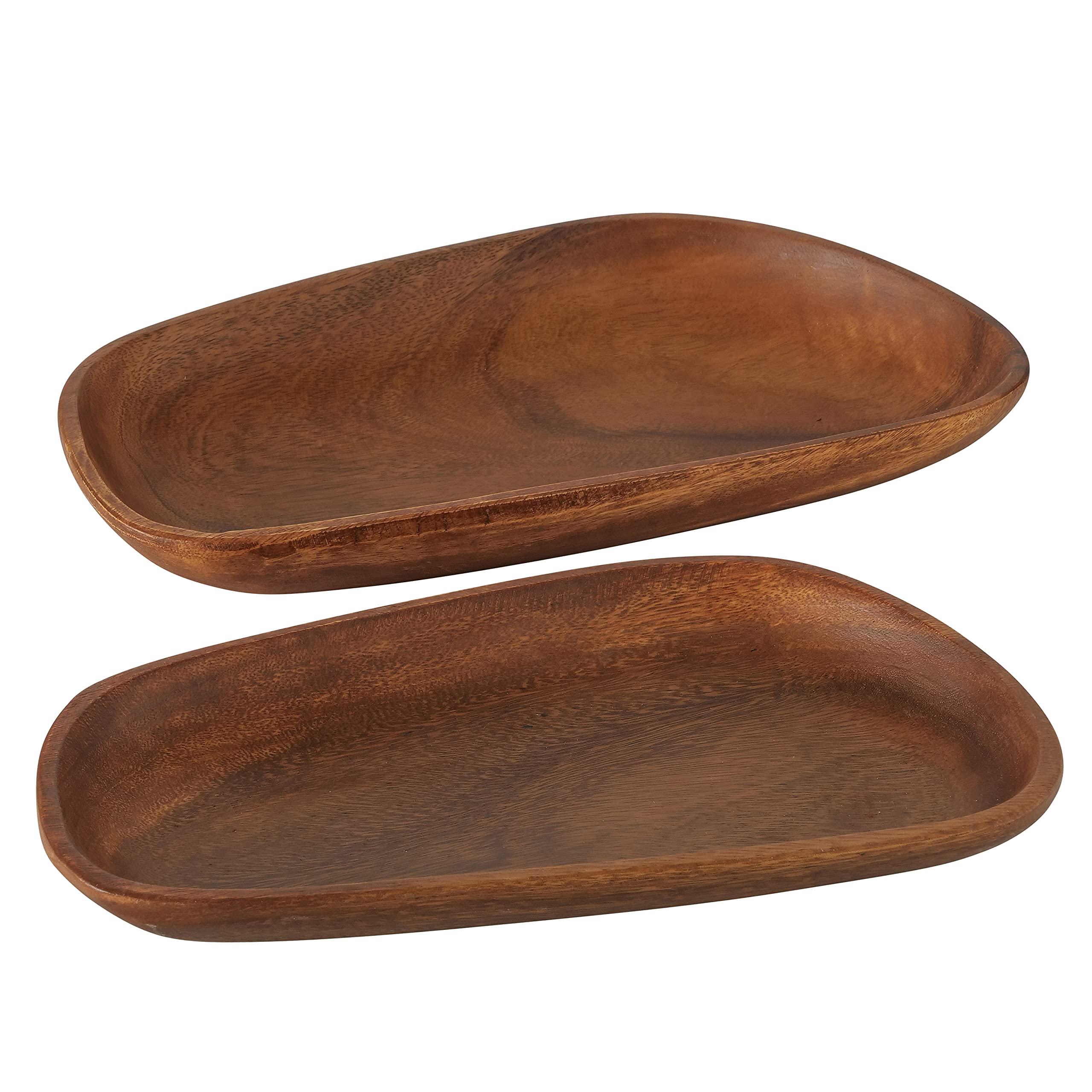 Farmers Market Artisinal Lop-Sided Wooden Trays, Set of 2, Low Rise Rim, Hand Carved, Natural Hard Wood, Rustic Design, 14.25 and 12.5 Inches