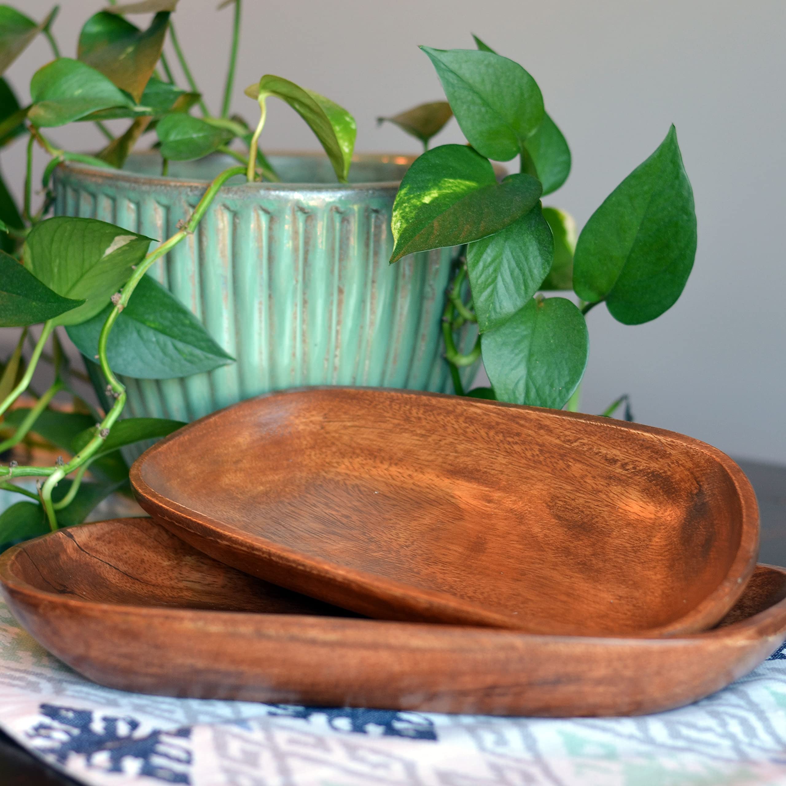 Farmers Market Artisinal Lop-Sided Wooden Trays, Set of 2, Low Rise Rim, Hand Carved, Natural Hard Wood, Rustic Design, 14.25 and 12.5 Inches