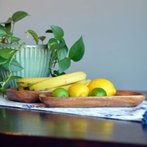 Farmers Market Artisinal Lop-Sided Wooden Trays, Set of 2, Low Rise Rim, Hand Carved, Natural Hard Wood, Rustic Design, 14.25 and 12.5 Inches