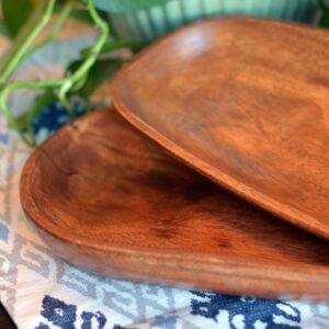 Farmers Market Artisinal Lop-Sided Wooden Trays, Set of 2, Low Rise Rim, Hand Carved, Natural Hard Wood, Rustic Design, 14.25 and 12.5 Inches