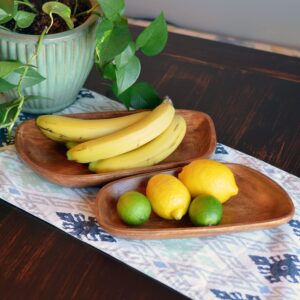 Farmers Market Artisinal Lop-Sided Wooden Trays, Set of 2, Low Rise Rim, Hand Carved, Natural Hard Wood, Rustic Design, 14.25 and 12.5 Inches