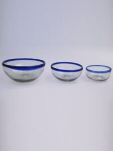 mexhandcraft cobalt blue rim three sizes snack bowls (set of 3), recycled glass, lead-free, toxin-free