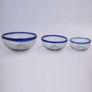 MexHandcraft Cobalt Blue Rim Three Sizes Snack Bowls (set of 3), Recycled Glass, Lead-free, Toxin-Free