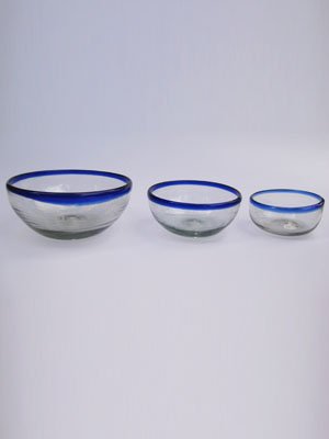 MexHandcraft Cobalt Blue Rim Three Sizes Snack Bowls (set of 3), Recycled Glass, Lead-free, Toxin-Free