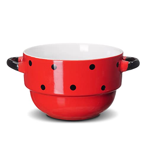 ECODECO Soup Bowls with Handles - Ceramic - Polka Dot Red - 16 Ounce - Set of 4 - French Onion Soup Crocks for Oven Baking