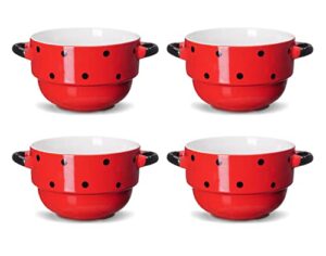ecodeco soup bowls with handles - ceramic - polka dot red - 16 ounce - set of 4 - french onion soup crocks for oven baking