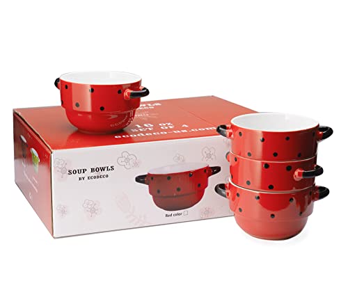 ECODECO Soup Bowls with Handles - Ceramic - Polka Dot Red - 16 Ounce - Set of 4 - French Onion Soup Crocks for Oven Baking