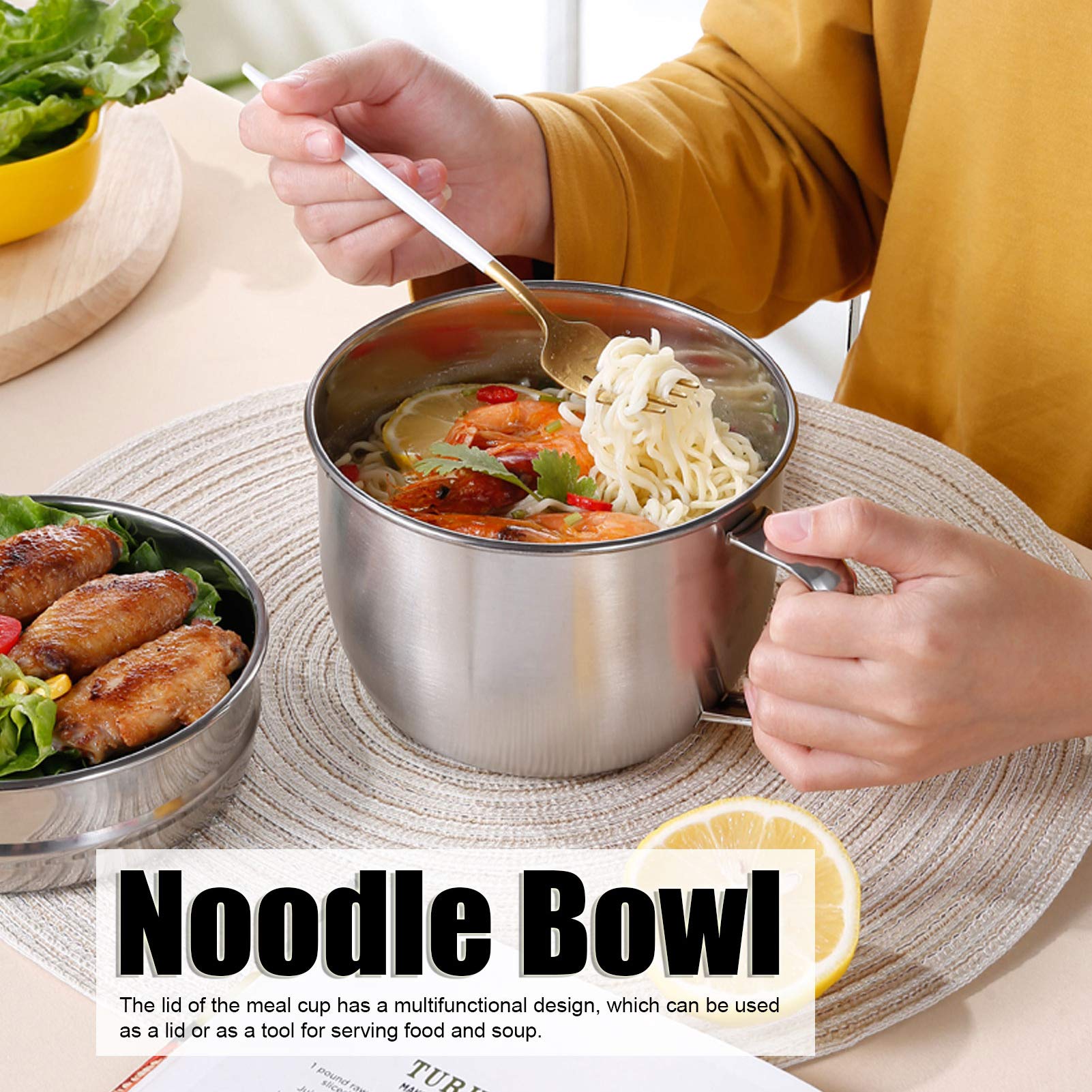 Yosoo Noodle Bowl, Stainless Steel Fast Food Bowl Double‑Layer Lunch Box Instant Noodle Soup Cup with Lid