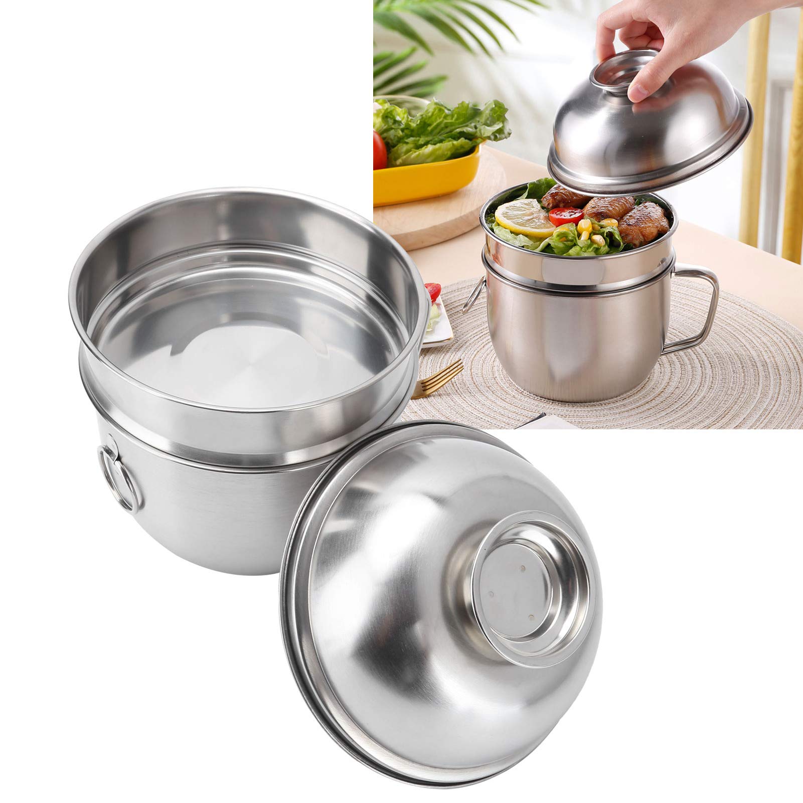 Yosoo Noodle Bowl, Stainless Steel Fast Food Bowl Double‑Layer Lunch Box Instant Noodle Soup Cup with Lid