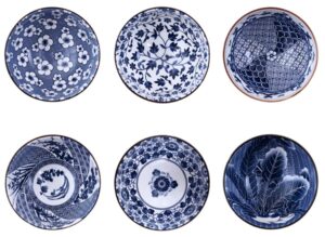 japanese style ceramic assorted designs traditional blue and white pattern dinnerware set (6pack blue white bowl 4.5")