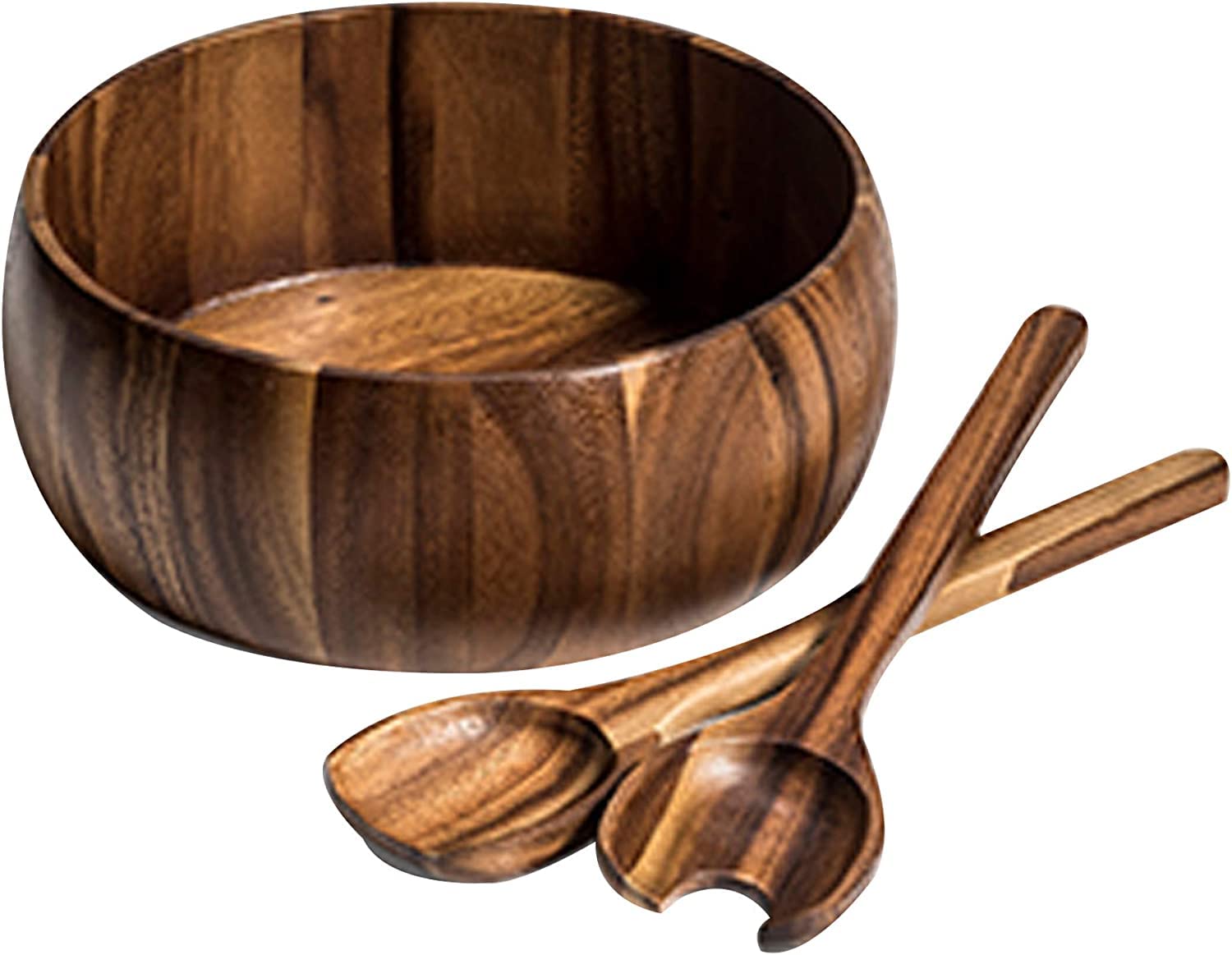 Kalmar Home 10-Inch Acacia Wood Large Dragor Salad Bowl with Servers