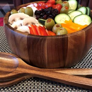 Kalmar Home 10-Inch Acacia Wood Large Dragor Salad Bowl with Servers