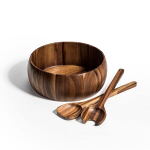 Kalmar Home 10-Inch Acacia Wood Large Dragor Salad Bowl with Servers