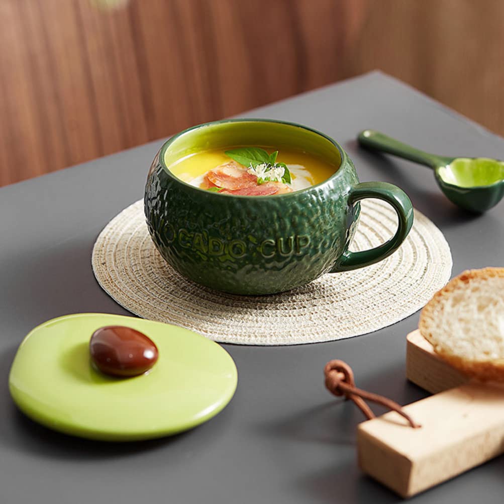 Cabilock Ceramic Stew Pot Steam Soup Bowl Small Steaming Mug Cup Avocado Shapes Sugar Bowls with Lid Spoon Serving Dish Bowls for Home Kitchen