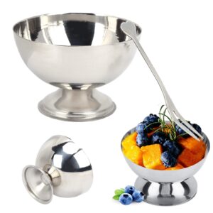 Pssopp Dessert Bowls with forks Stainless Steel Milkshake Cup Short‑Footed Medium Snack Dish Multipurpose and Easy to Clean for Ice Cream Fruit