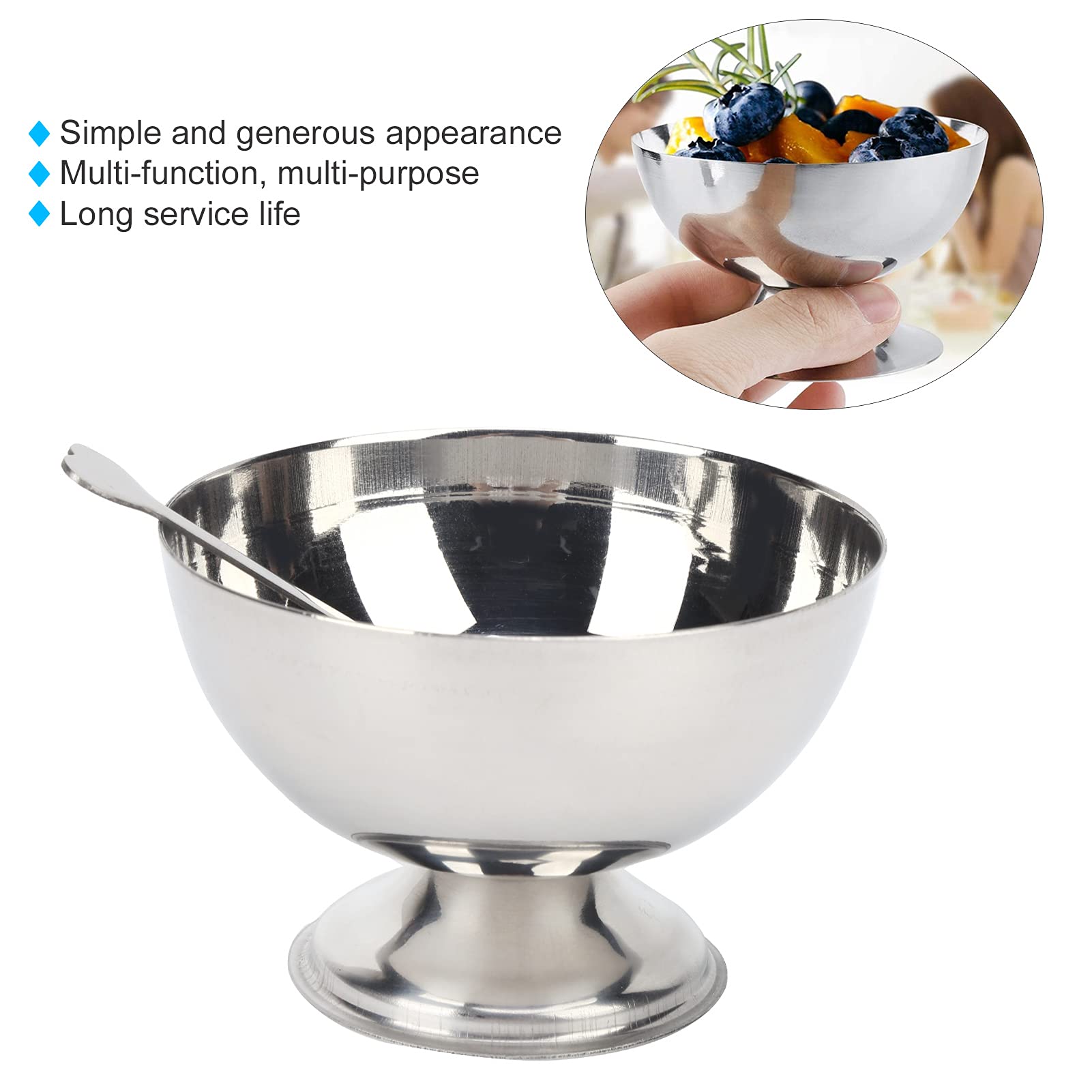 Pssopp Dessert Bowls with forks Stainless Steel Milkshake Cup Short‑Footed Medium Snack Dish Multipurpose and Easy to Clean for Ice Cream Fruit