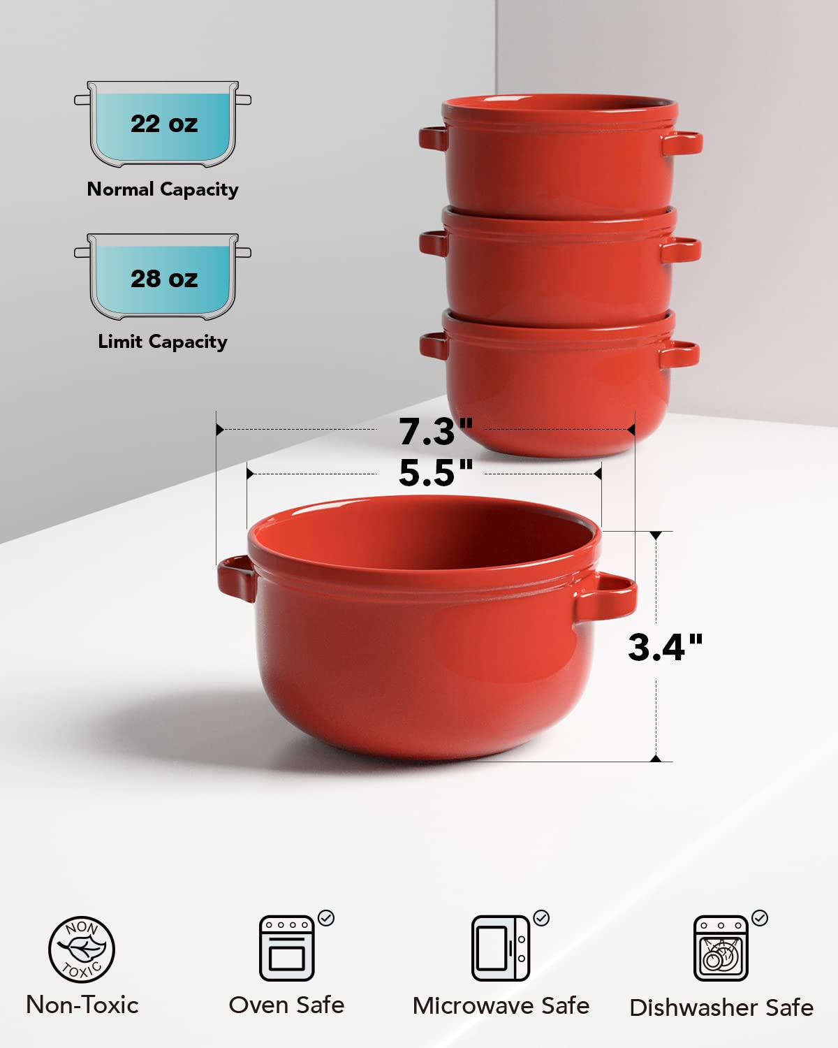 LE TAUCI Pasta Bowls 45 Oz+ Soup Bowls with Handles 28 Oz, Red