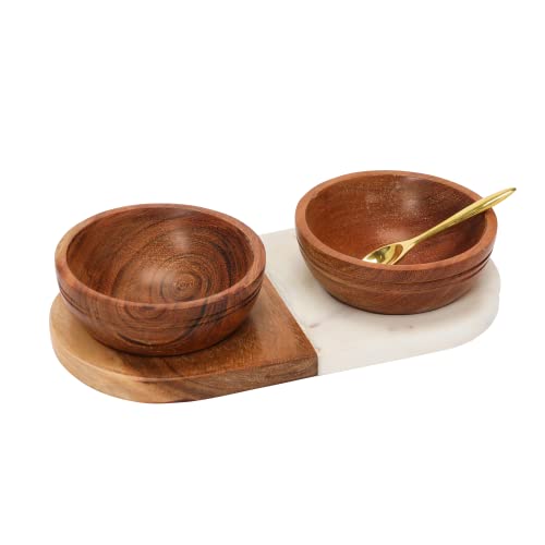 Creative Co-Op Creative Co-Op Acacia Wood and Marble Tray with 2 Acacia Wood Bowls & Brass Spoon, Set of 4 Pieces