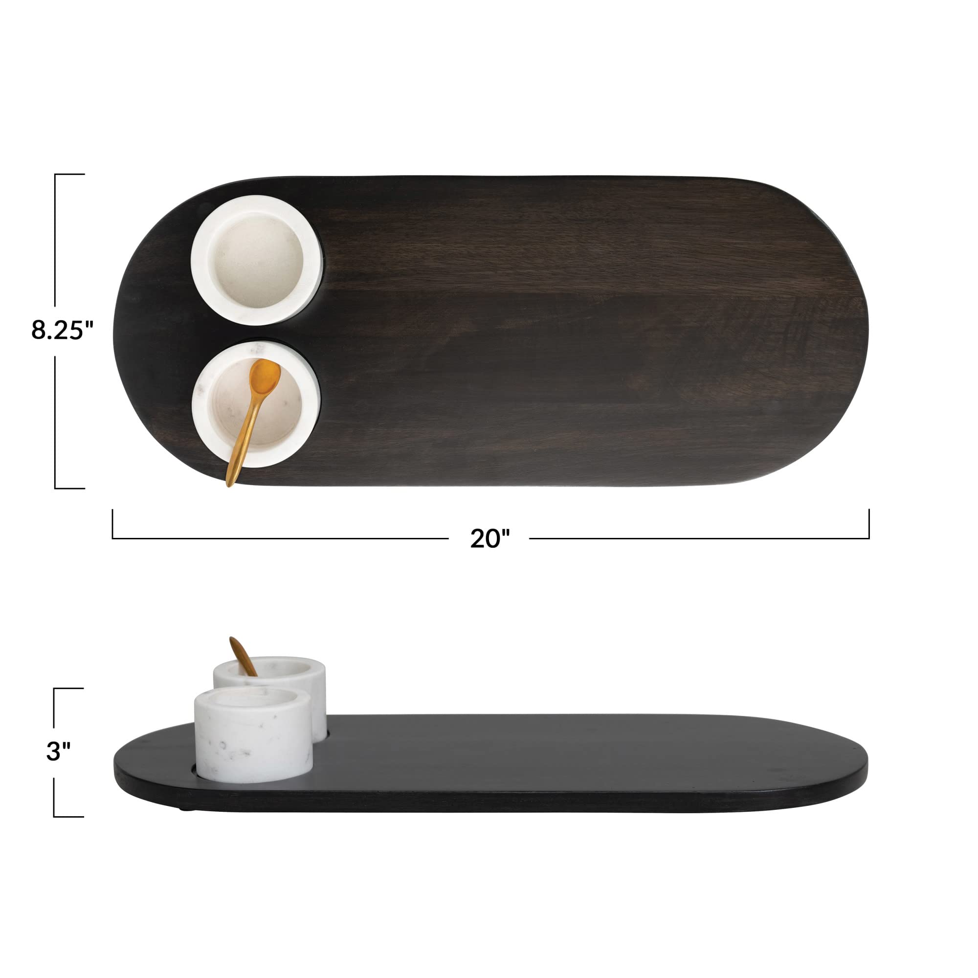 Bloomingville Bloomingville Mango Wood Tray with 2 Marble Bowls and Gold Finish Stainless Steel Spoon, Set of 4