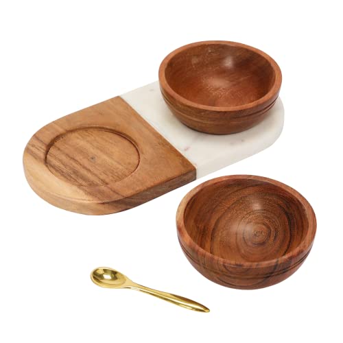 Creative Co-Op Creative Co-Op Acacia Wood and Marble Tray with 2 Acacia Wood Bowls & Brass Spoon, Set of 4 Pieces