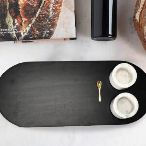 Bloomingville Bloomingville Mango Wood Tray with 2 Marble Bowls and Gold Finish Stainless Steel Spoon, Set of 4