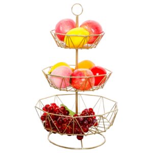 nordic style 3 tier fruit basket for kitchen metal wire candy fruit and vegetable storage holder fruit bowl for kitchen counter decor, gold