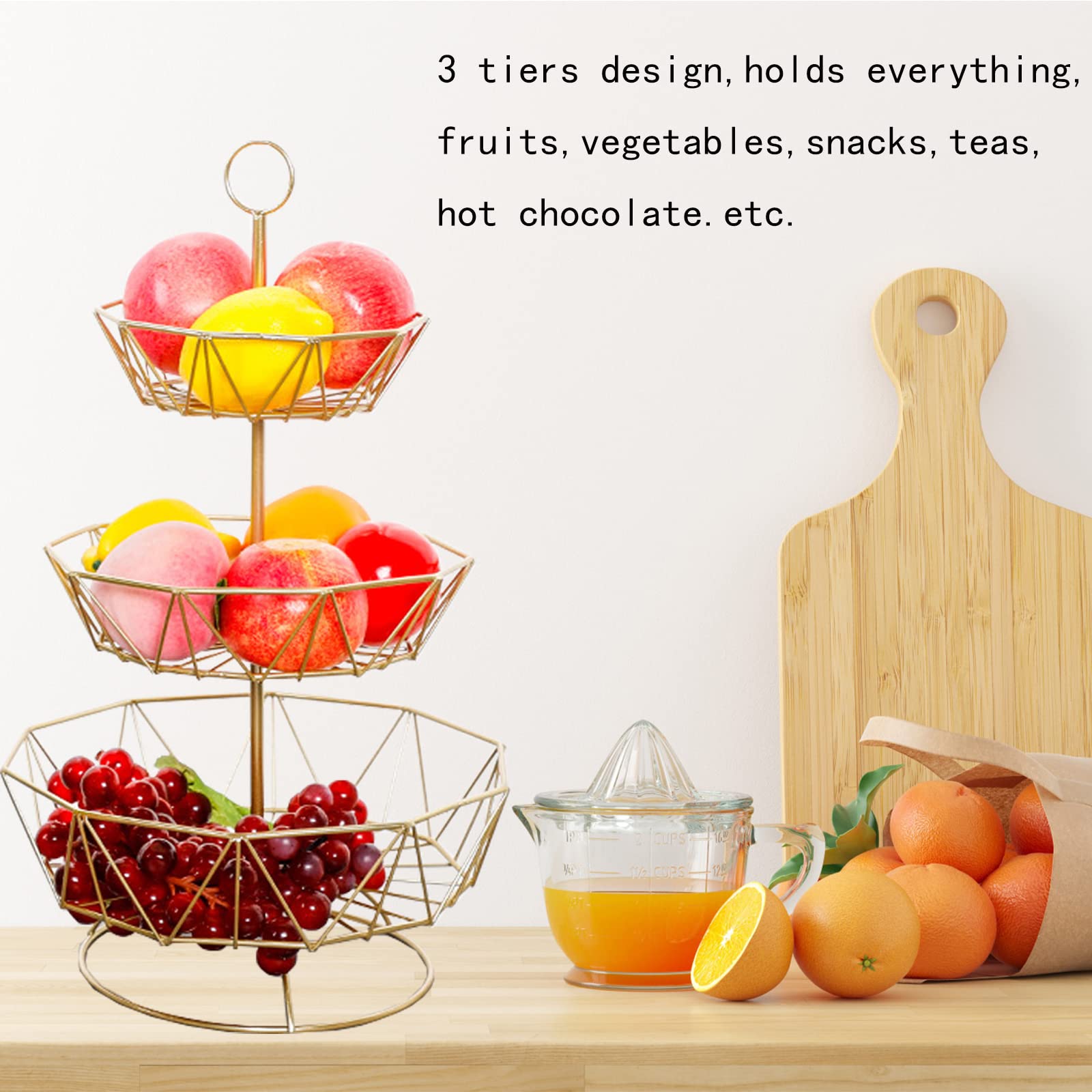 Nordic Style 3 Tier Fruit Basket for Kitchen Metal Wire Candy Fruit and Vegetable Storage Holder Fruit Bowl for Kitchen Counter Decor, Gold
