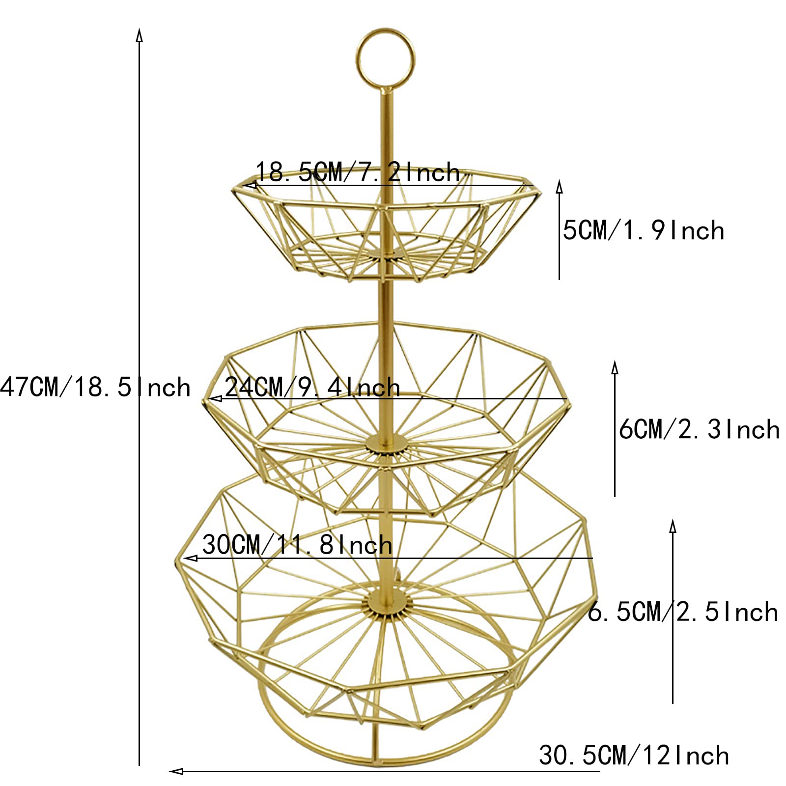 Nordic Style 3 Tier Fruit Basket for Kitchen Metal Wire Candy Fruit and Vegetable Storage Holder Fruit Bowl for Kitchen Counter Decor, Gold