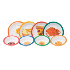 mind reader kids plate and bowl set, toddler plates, cereal and soup bowl, melamine, 8.25" l x 8.25" w 1" h, 8 pcs, multi-color