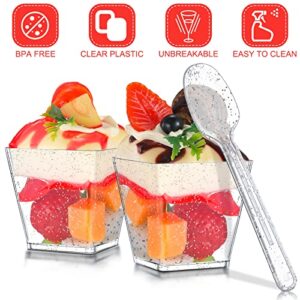 Meanplan 160 Pack 2oz Glitter Plastic Dessert Cups with Spoons 160 Disposable Square Plastic Dessert Cups and 160 Glitter Spoons for Party Dessert Appetizers (Silver)