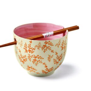 tag 16 oz. leaf printed stoneware noodle bowl with bamboo chop sticks, 3.9l x 3.9w x 5.0h. beige