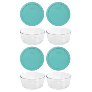 pyrex (4) 7203 glass bowls & (4) 7402-pc turquoise lids made in the usa