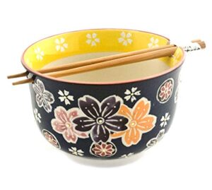hinomaru collection multi purpose ramen udon soba pho noodle donburi rice tayo bowl with chopsticks gift set 6.25 inch diameter (floral stamp)