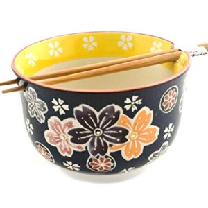 Hinomaru Collection Multi Purpose Ramen Udon Soba Pho Noodle Donburi Rice Tayo Bowl with Chopsticks Gift Set 6.25 Inch Diameter (Floral Stamp)