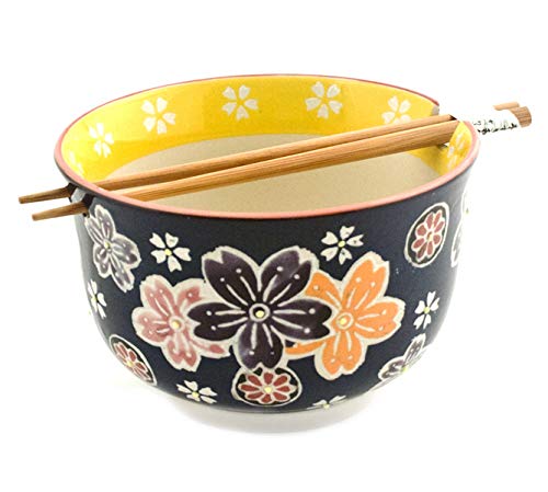 Hinomaru Collection Multi Purpose Ramen Udon Soba Pho Noodle Donburi Rice Tayo Bowl with Chopsticks Gift Set 6.25 Inch Diameter (Floral Stamp)