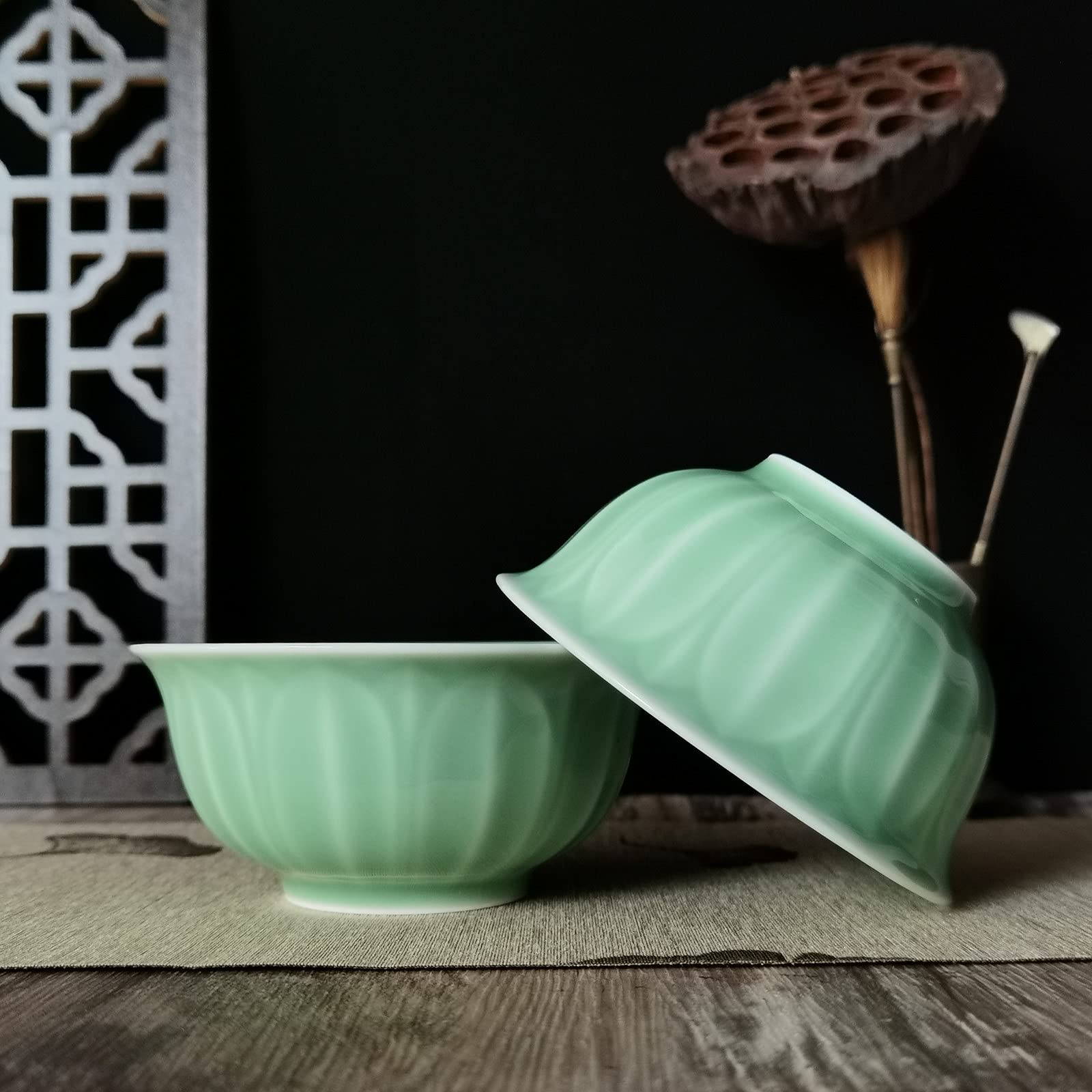 Handmade Celadon Cladon Porcelain Chinese 4.5Inch Rice Bowls Engraved Lotus Leaf (Green)