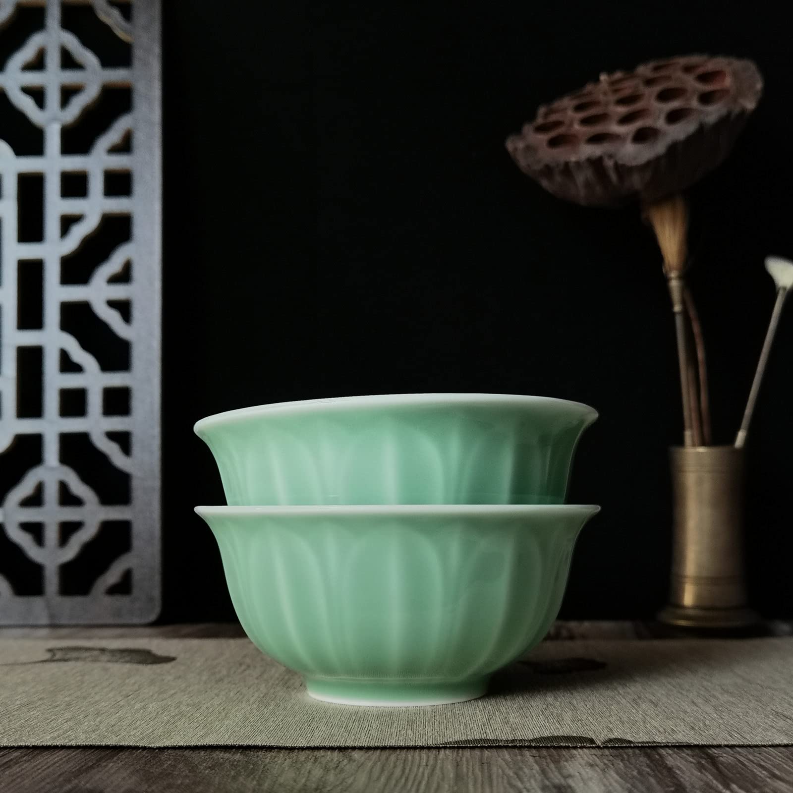 Handmade Celadon Cladon Porcelain Chinese 4.5Inch Rice Bowls Engraved Lotus Leaf (Green)