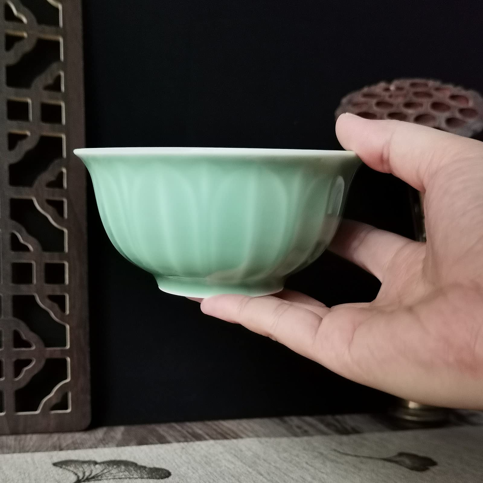 Handmade Celadon Cladon Porcelain Chinese 4.5Inch Rice Bowls Engraved Lotus Leaf (Green)