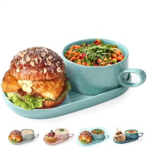 Artena Pasta Bowls Set Of 4, 20oz Porcelain Salad Bowls, 8 Inch Bowls For Kitchen, Colorful Dinner Plates & Solid Soup and Sandwich Plate Combo, 16 oz Soup Bowls/Mugs/Cups with Handles