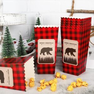 Whaline 30Pcs Christmas Popcorn Boxes Brown Bear Printed Paper Popcorn Buckets Red Black Plaid Popcorn Containers Christmas Party Favor Popcorn Treat Box for Xmas Movie Party Theater Night Supplies