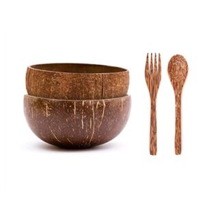 rainforest bowls 2 eco-friendly jumbo coconut bowls (raw & original) w/coconut wood spoon & fork - 100% natural, organic kitchen set - handcrafted from reclaimed coconut shells + offcuts
