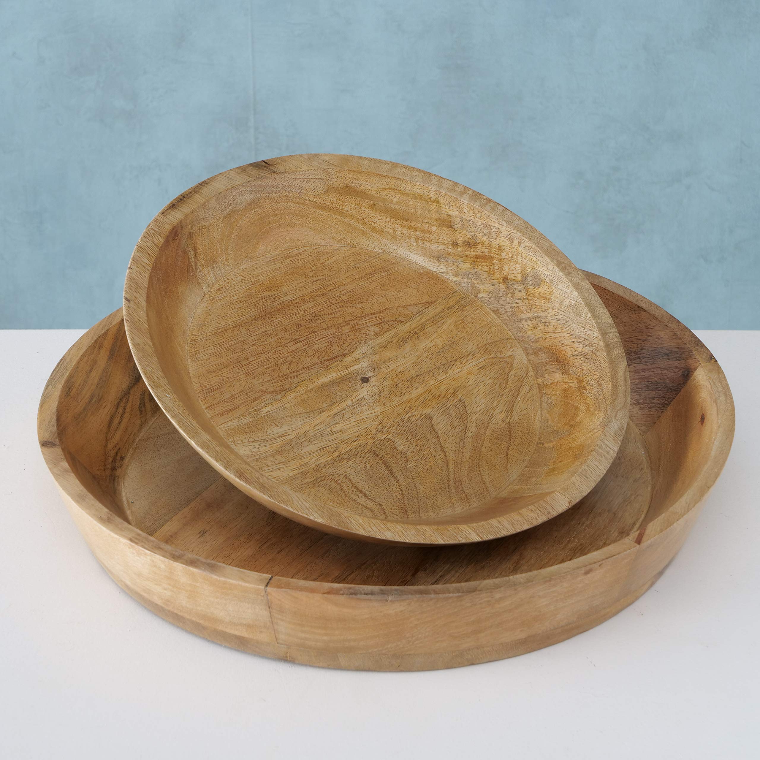 WHW Whole House Worlds Stockbridge Rimmed Bowls, Set of 2, Hand Crafted, Sustainable Mango Wood, Food Safe, 15.75 D and 11.75 D Inches