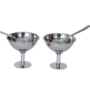 Ice cream stainless steel Dessert Cups, 5.5 Ounce Ice Cream Bowl Including Long Handle Stainless Steel 2 Spoons suitable for eating desserts Set of 2(silver)