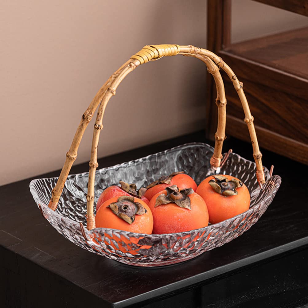 8.6 * 6Inch Glass Fruit Basket with Handle Fruits Holder Glass Snacks Serving Tray Plate Fruit Vegetable Holder Kitchen Decoration